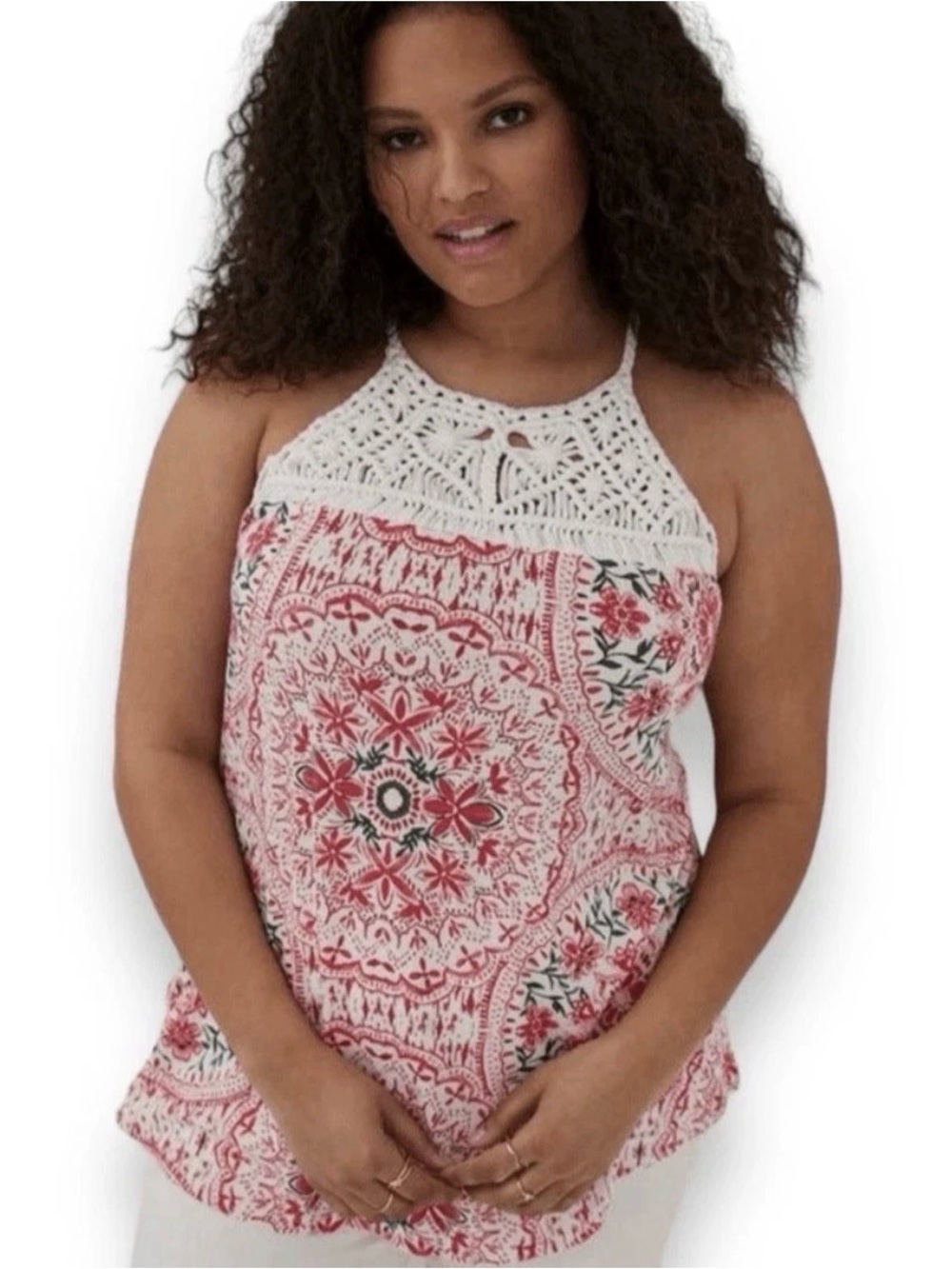 Torrid Knit Macrame High Neck Tank 5 5X Women’s Top Flowy Colorful Sleeveless